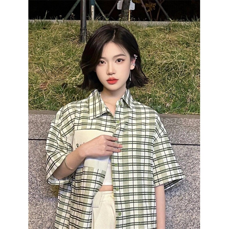 绿白格纹polo领短袖衬衫男女藤蔓刺绣小众中长款上衣CA099,男装T恤,星座1116A（原606A-3）
