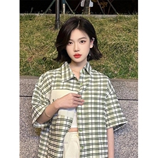 绿白格纹polo领短袖衬衫男女藤蔓刺绣小众中长款上衣CA099，男装T恤，星座1116A（原606A-3）