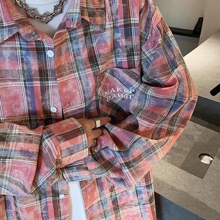 6044-P42美式复古扎染格子衬衫男高级感少年感穿搭痞帅上衣,男装衬衫,电商B323A