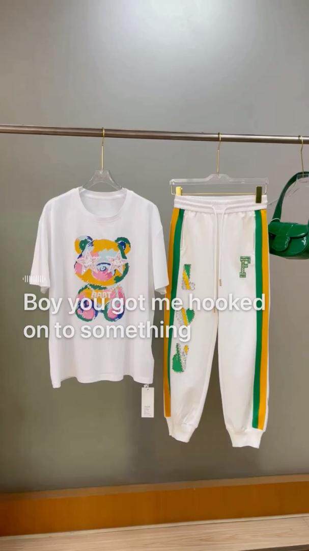 【FSBY】欧货重工钉珠钻工艺Ｔ字母拼接卫裤百搭，女装休闲裤，菲莎比娅