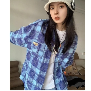 美式小香风流苏格衬衣男士2025翻领垂感休闲宽松百搭潮流长袖衬衫图片