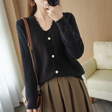 2024秋冬新款纯棉V领花边镂空开衫，女装针织衫/毛衣，胜酷羊绒