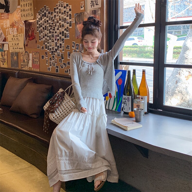 新货春款蕾丝花边裙+毛线外披吊带三件套1C056P175K248,女装套装/套裙,2D045