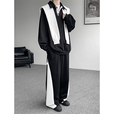 5XL-M潮流高级感披肩撞色拼接翻领百搭卫衣宽松弯刀长裤TZ113P118，男装休闲套装，电商D206-1