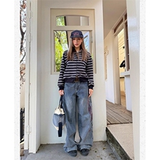 美式复古刺绣宽松直筒竹节纹牛仔裤男女阔腿街头cleanfit长裤潮，男装牛仔裤，四季星座505