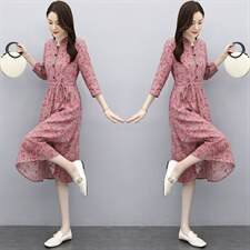 2021春装新款印花棉麻连衣裙修身时尚舒适连衣裙，女装连衣裙，欣贝拉