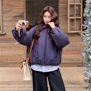 藏青色格子拼接假两件短款羽绒服女冬季2025新款设计感白鸭绒外套图片