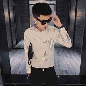 秋季长袖衬衫社会小伙蝴蝶印花发型师个性潮男衬衣C301B-CS36图片
