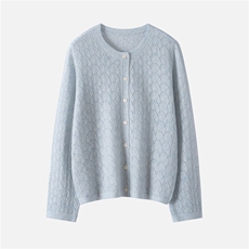 康宝莱纱线~75%山羊绒25%桑蚕丝轻奢针织开衫女圆领镂空毛衣外套，女装羊绒衫，启东羊绒