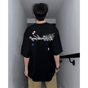 万针全刺绣工艺抖音得物高品质260克重磅纯棉双纱美式高街短袖T恤图片
