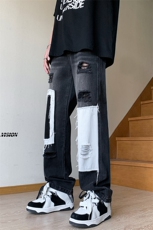 B221美式ins高街小众个性拼接宽松破洞牛仔裤LK23099-P65控88，男装牛仔裤，电商B221