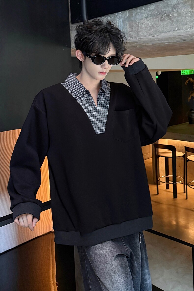 WY10153-特P48控88小众撞色面料拼接格子假两件大码男宽松卫衣,男装卫衣,电商A059