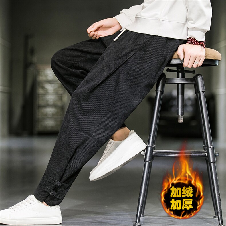 2025冬季新款加绒加厚风灯芯绒盘扣小脚休闲裤灰蓝 K109-P60图片