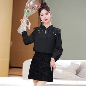 2024年春季新款蕾丝拼接订珠优雅气质衬衫，女装衬衫，超帛