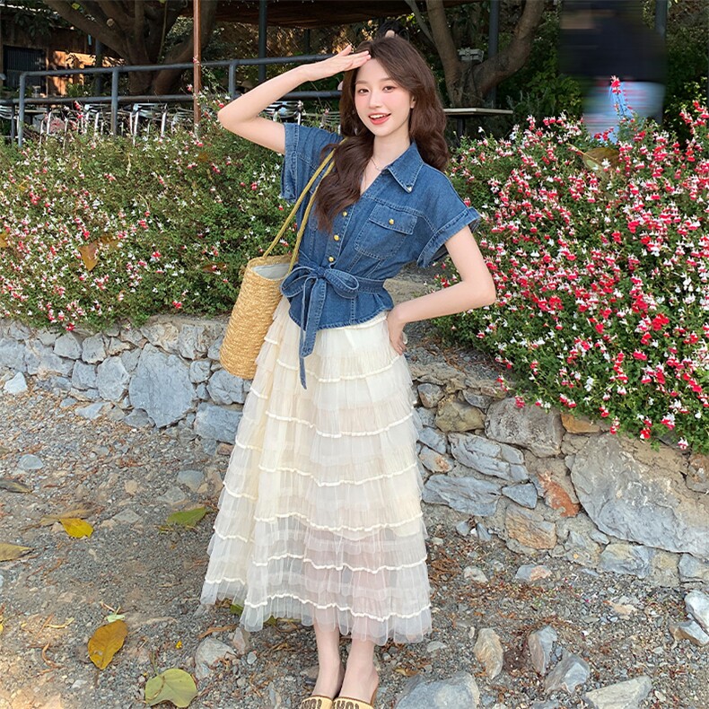 法式假两件牛仔拼接蛋糕连衣裙女2025夏新款超好看小个子过膝长裙，女装连衣裙，浙宝220