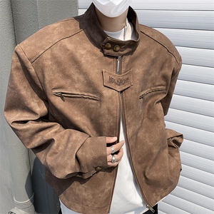 美式复古做旧棕色机车服皮衣外套男春秋小众设计感短款垫肩夹克衫图片