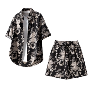 风印花短袖衬衫男+短裤情侣套装聚酯纤维TZ77845特P50控98,男装休闲套装,星座227-7