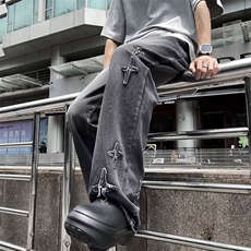 牛仔裤男潮牌十字架刺绣直筒裤微喇显瘦复古休闲长裤NQ13，男装牛仔裤，星座1116A-1（原606A）