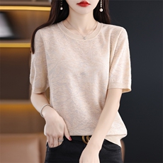 时尚百搭羊毛衫女秋冬季新款立体提花圆领短袖针织衫修身显瘦上衣，女装羊毛衫，科源羊绒