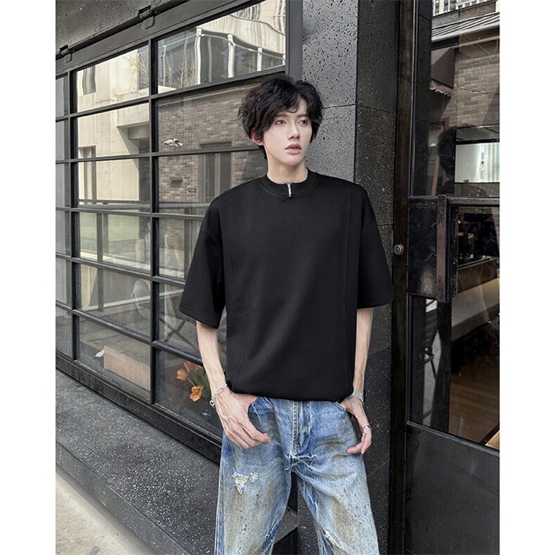 2025新款夏季中领拉链短袖设计感拼接半袖街头男现货T1849-P28,男装T恤,星座512-4