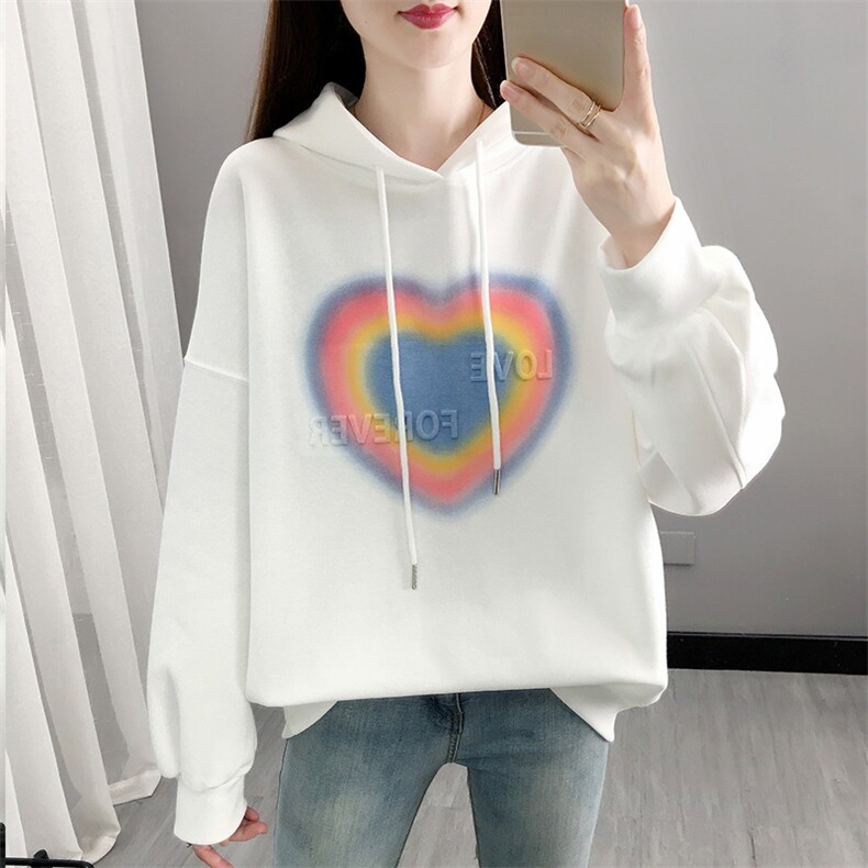 聚酯纤维25棉秋季新款凹凸爱心连帽薄款卫衣女图片