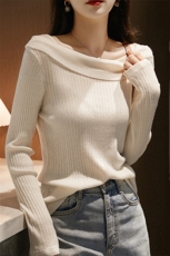 羊毛+莱赛尔天丝+醋酸精纺一字领翻领针织衫，女装针织衫/毛衣，唯若美羊绒