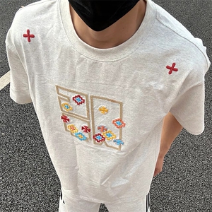 万针全刺绣工艺 高品质260克双纱纯棉美式高街短袖T恤 特P33图片