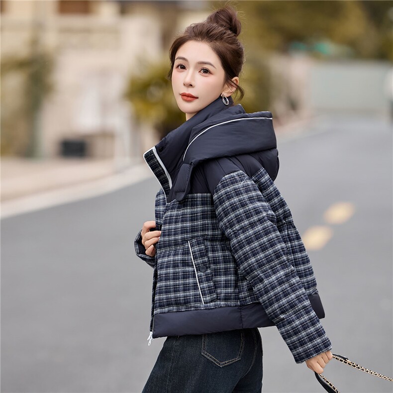 格子连帽羽绒服女小个子冬装2025新款高端时尚百搭保暖白鸭绒外套,女装羽绒服,浙宝029