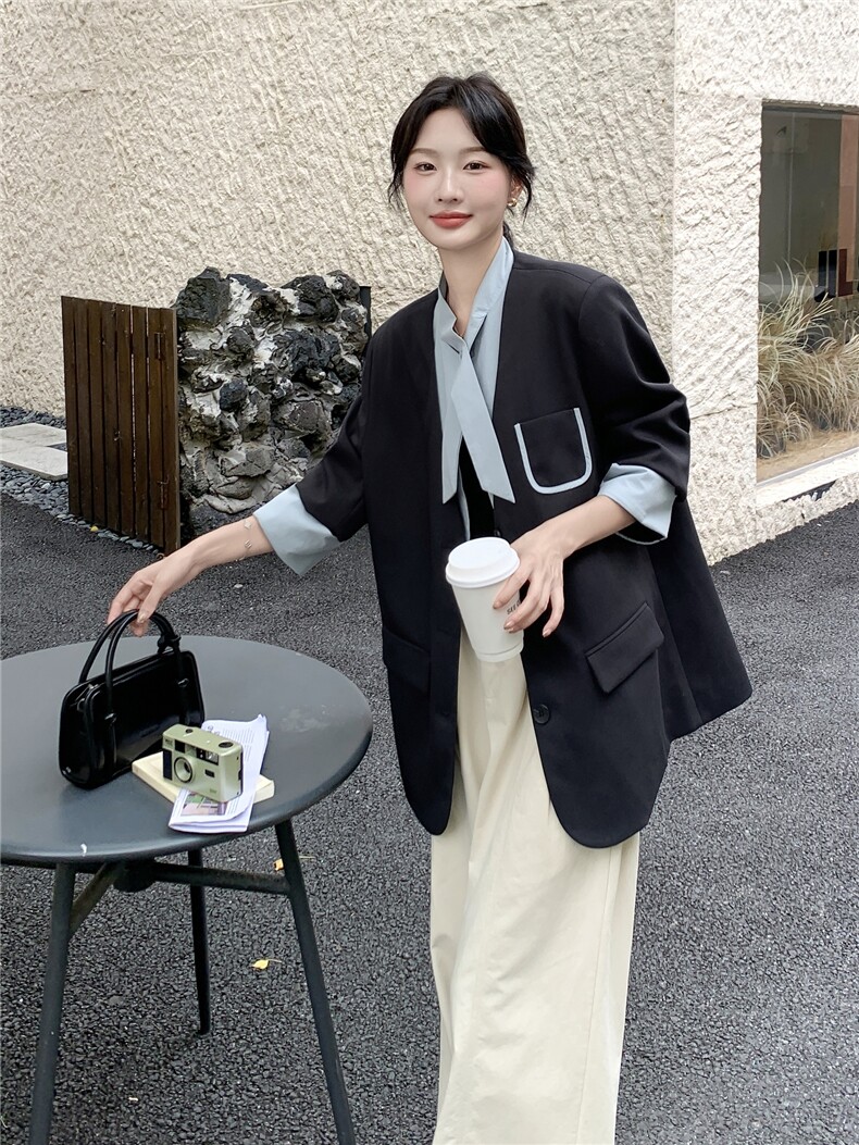 通勤拼接假两件短款西服上衣女春秋超火好看高级小众职业西装外套,女装西装,韩蜜菓