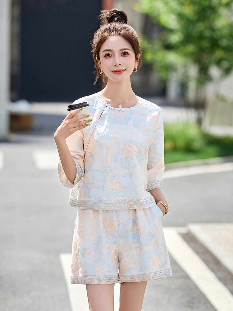 新中式国风短裤套装女夏新款欧货韩系高级感小个子重工刺绣两件套,女装套装/套裙,妙形