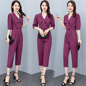 2024年夏季西装领V双排扣泡泡袖修身连体裤女连衣裤,粉色毛线连衣裙搭配什么袜子图片