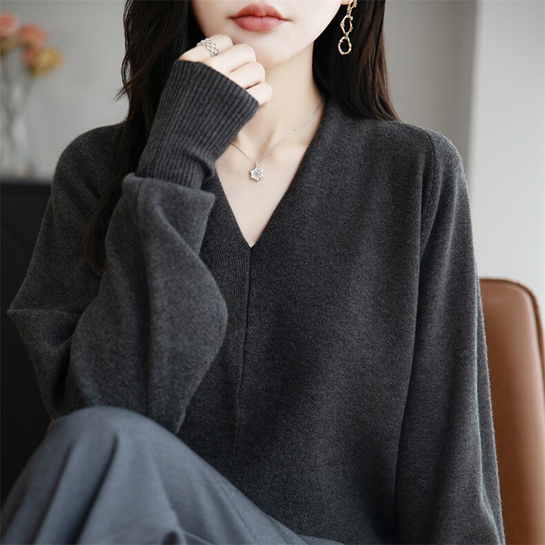 法式高级灰V领针织衫女2025新宽松显瘦打底衫内搭巨好看加厚毛衣,针织衫/毛衣,远腾羊绒