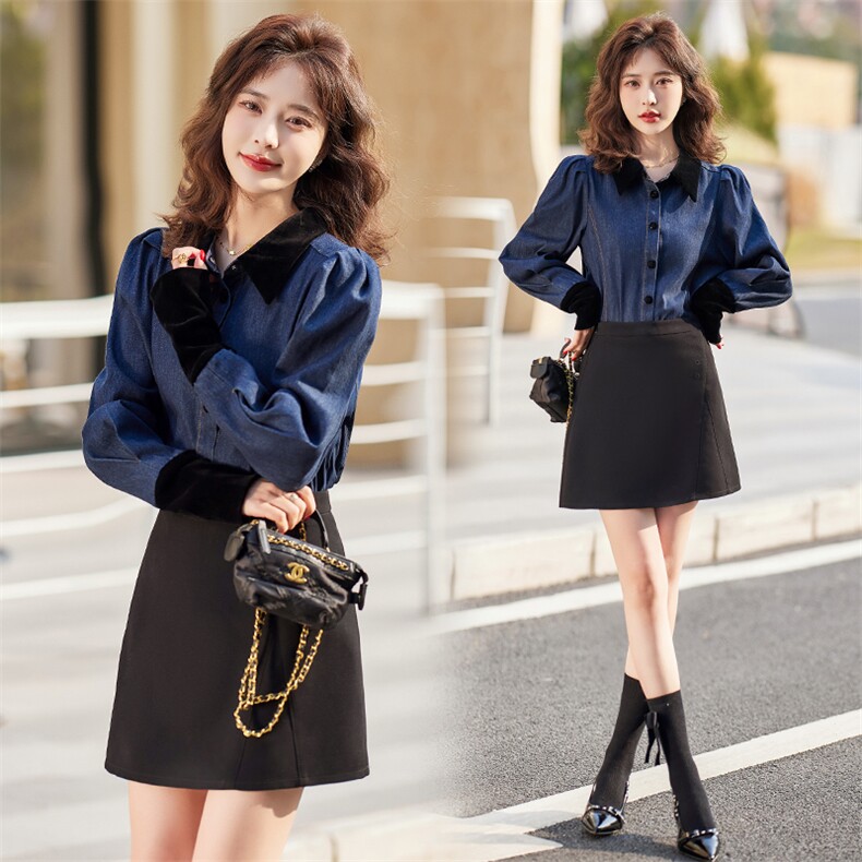 欧货时尚撞色拼接丝绒领牛仔长袖衬衫女泡泡袖宽松设计感小众上衣，女装衬衫，梦懿尔