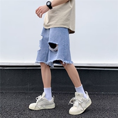 高街复古牛仔破洞短裤男女夏季2024设计感小众宽松直筒五分裤子，男装牛仔裤，星座601-2
