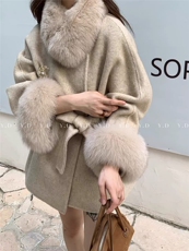 【依嘟】温柔千金风中长款高级羊毛外套(配可拆卸真狐狸毛毛领，，女装双面呢大衣，依嘟服饰