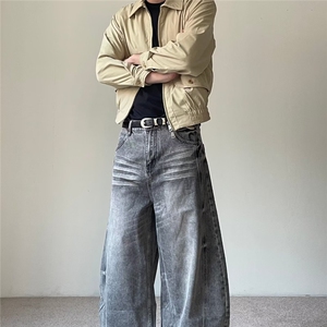 阔腿牛仔裤男春秋季美式高街潮牌复古水洗宽松直筒垂感拖地长裤潮图片