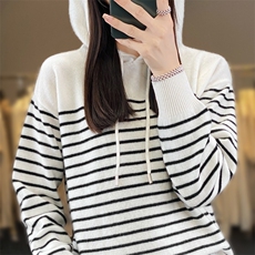 安迪绒条纹帽衫2024年秋季简约套头时尚针织衫，女装针织衫/毛衣，桦兴羊绒