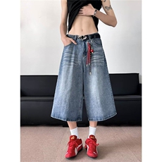 美式高街牛仔裤女夏季设计感宽松阔腿格子七分中裤子RK2800-P43，男装牛仔裤，星座412-2