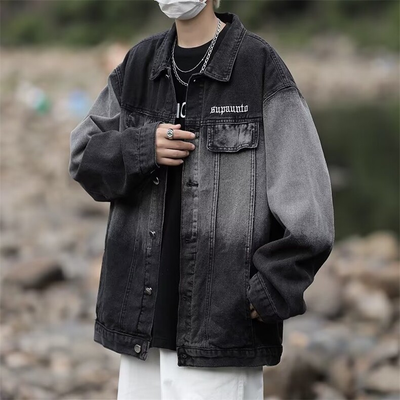 美式复古渐变牛仔外套男春秋季高街潮牌工装夹克宽松潮流休闲衣服,男装工装外套,星座1210-1
