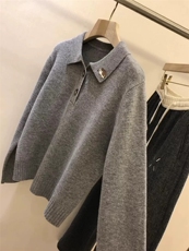 纯元E*家！时尚刺绣衫女POLO领套头毛衣宽松显瘦灰色翻领上衣，女装针织衫/毛衣，雪真羊绒