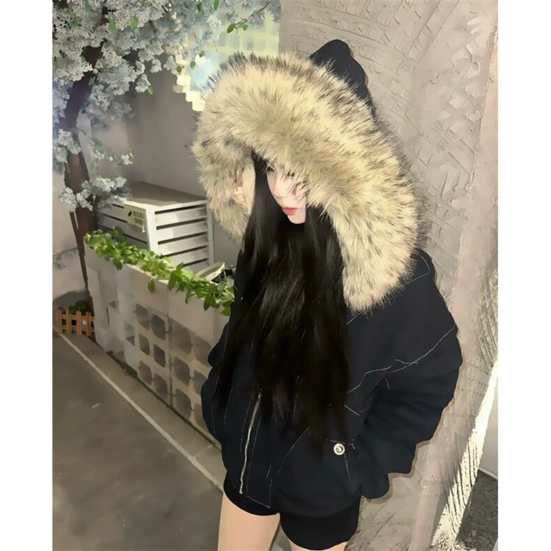 现货重磅boxy短款棉衣座山雕大毛毛领男女棉服水洗工装厚外套，男装棉衣，电商A486-1