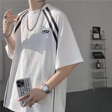 2025夏季新款美式潮流条纹字母刺绣宽松短袖B315-ST004-特p35控68，男装T恤，电商B315