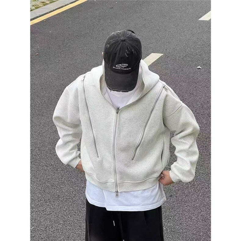 美式复古解构多拉链连帽开衫卫衣男女秋冬季重磅廓形cleanfit外套,女装短外套,星座506A