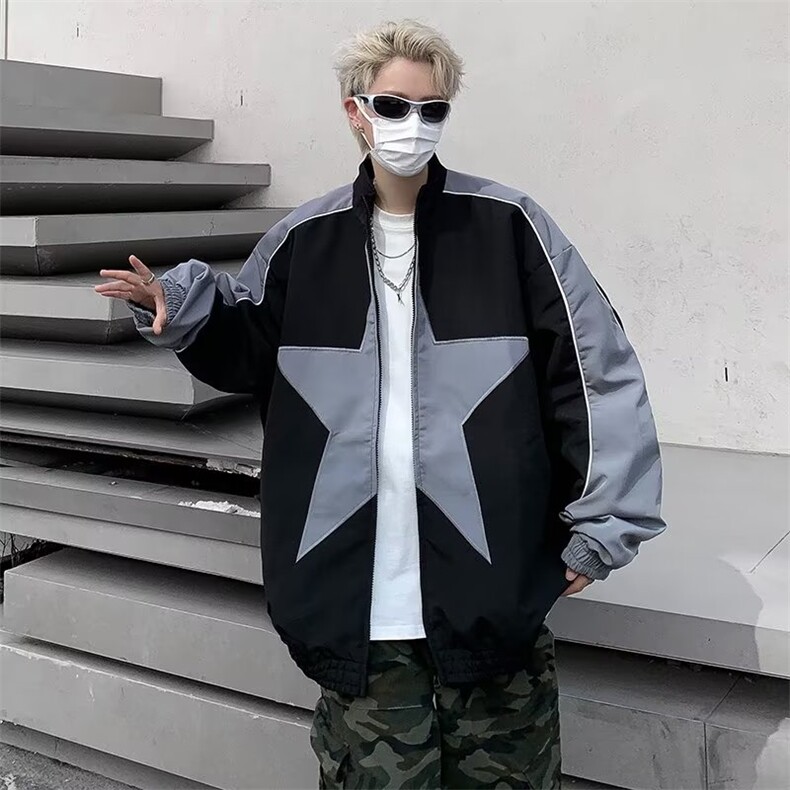 小众拼色星星冲锋衣ins男女宽松棒球服嘻哈夹克外套1264-P65,男装夹克,星座910-5