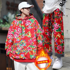 TZ204男女团队冬季加绒加厚连帽卫衣九分裤套装风东北大花潮，男装休闲套装，星座115A(原星座507）