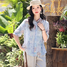 2026年夏季休闲风苎麻印花女五分袖宽松型亲肤透气薄款，女装衬衫，忆绮罗