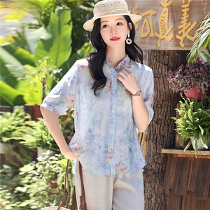 2026年夏季休闲风苎麻印花女五分袖宽松型亲肤透气薄款图片