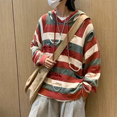 秋季套头针织衫连帽卫衣男女潮牌外套条纹破烂宽松毛衣潮7019/P50，男装针织衫/毛衣，星座506