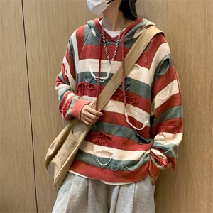 秋季套头针织衫连帽卫衣男女潮牌外套条纹破烂宽松毛衣潮7019/P50图片