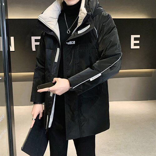 2025冬季中长款白鸭绒反光条连帽加厚羽绒服上衣外套YR8038-P290，男装羽绒服，电商A413